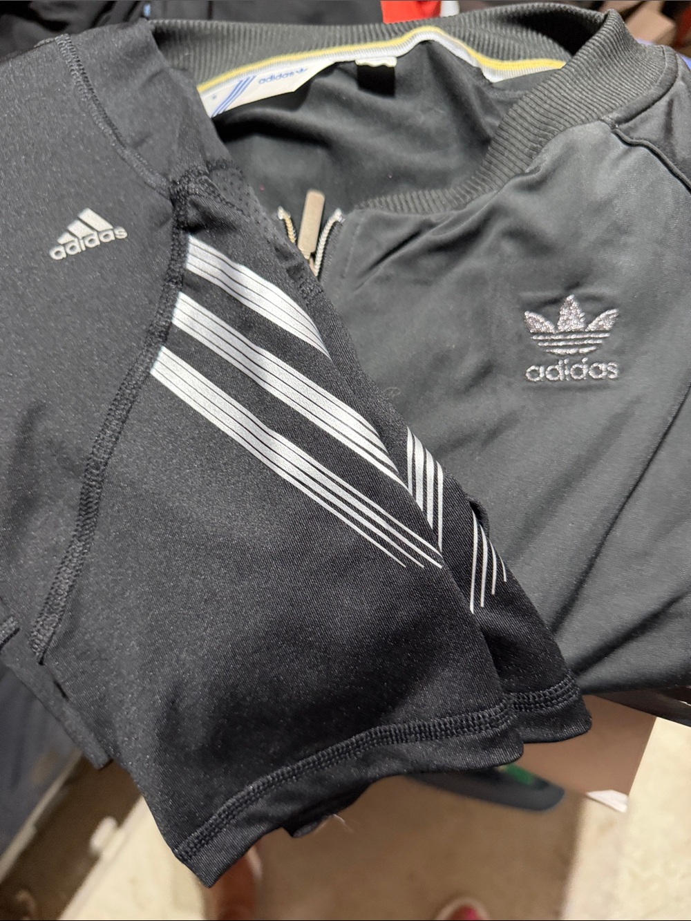 adidas Women’s Black jacket with cropped pant with silver Stripe Accents